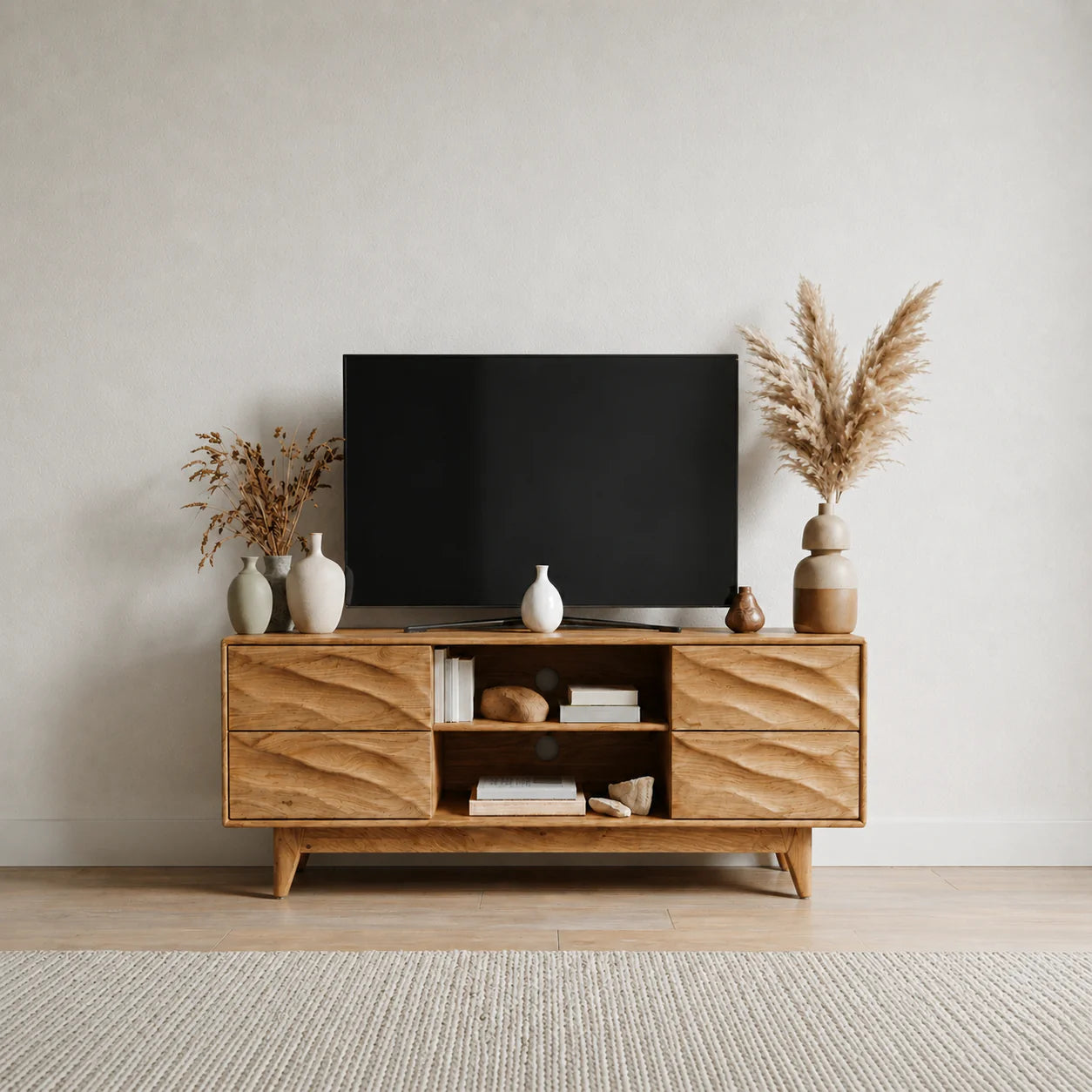 Handcrafted Solid Wood TV Stand with Sculpted Wave Drawers and Mid Century Frame