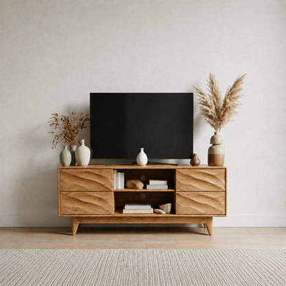 Handcrafted Solid Wood TV Stand with Sculpted Wave Drawers and Mid Century Frame