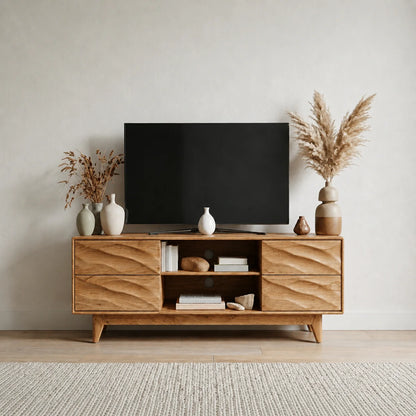 Handcrafted Solid Wood TV Stand with Sculpted Wave Drawers and Mid Century Frame