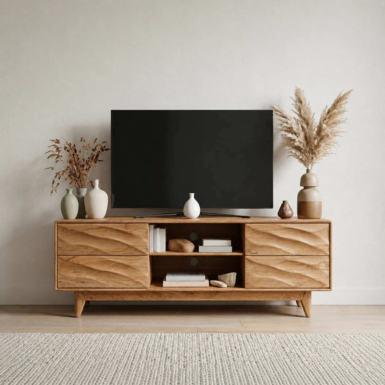 Handcrafted Solid Wood TV Stand with Sculpted Wave Drawers and Mid Century Frame