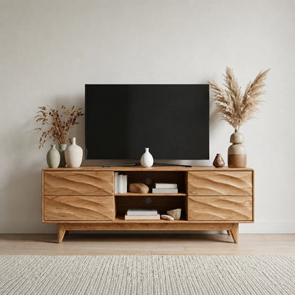 Handcrafted Solid Wood TV Stand with Sculpted Wave Drawers and Mid Century Frame