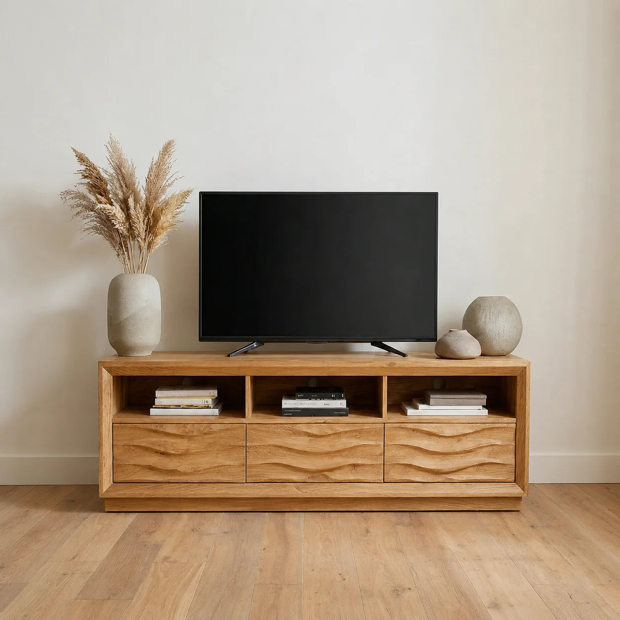Handcrafted Solid Wood TV Stand with Sculpted Wave Drawers and Multi Open Media Compartments