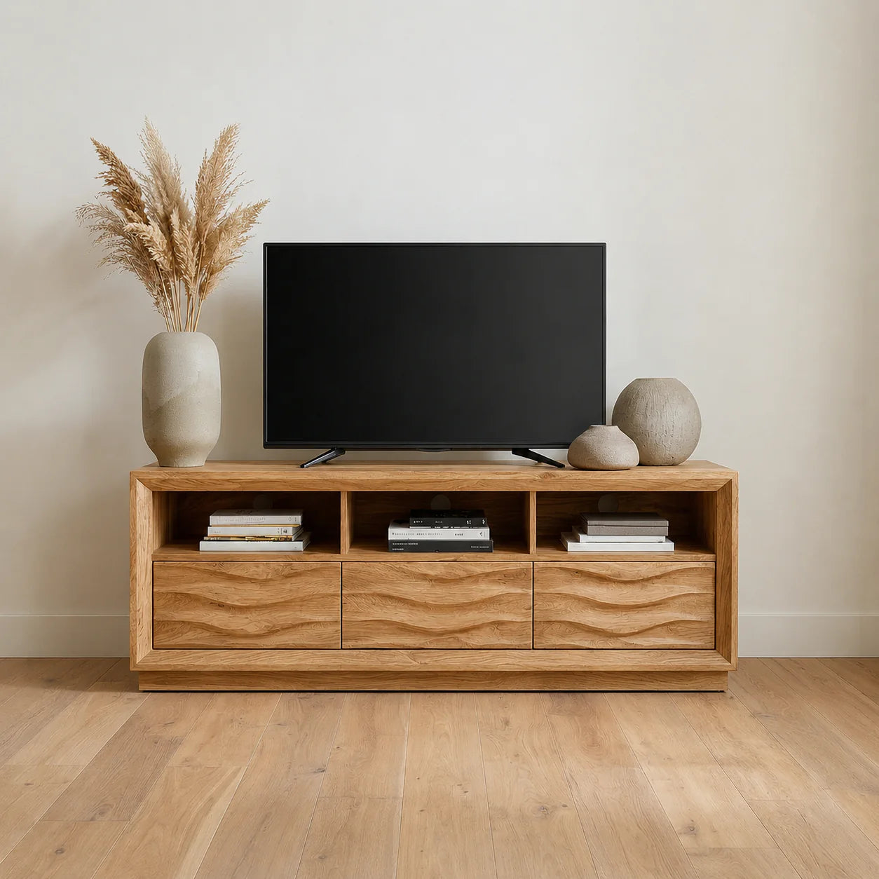 Handcrafted Solid Wood TV Stand with Sculpted Wave Drawers and Multi Open Media Compartments