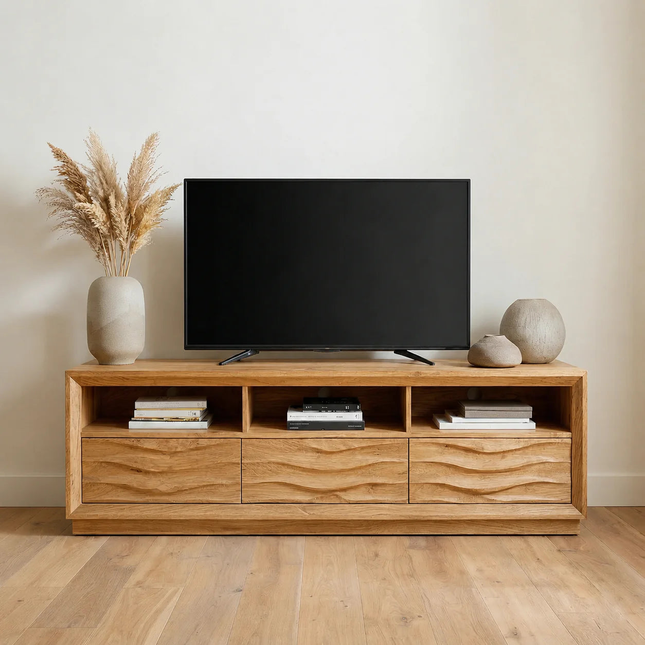 Handcrafted Solid Wood TV Stand with Sculpted Wave Drawers and Multi Open Media Compartments