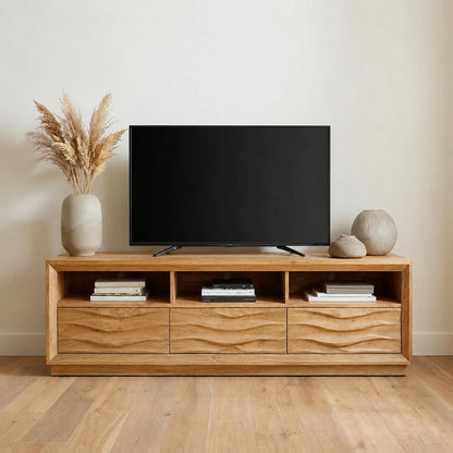 Handcrafted Solid Wood TV Stand with Sculpted Wave Drawers and Multi Open Media Compartments