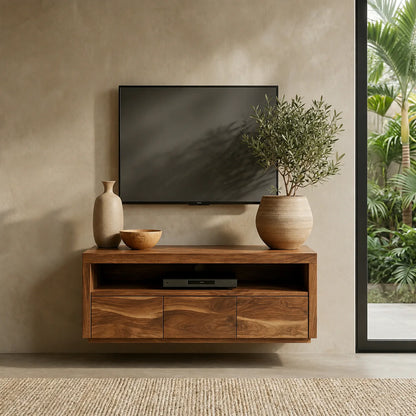 Handcrafted Floating Solid Wood TV Stand with Clean Lines and Hidden Storage Drawers