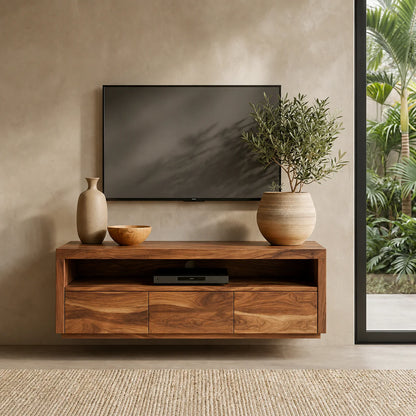 Handcrafted Floating Solid Wood TV Stand with Clean Lines and Hidden Storage Drawers