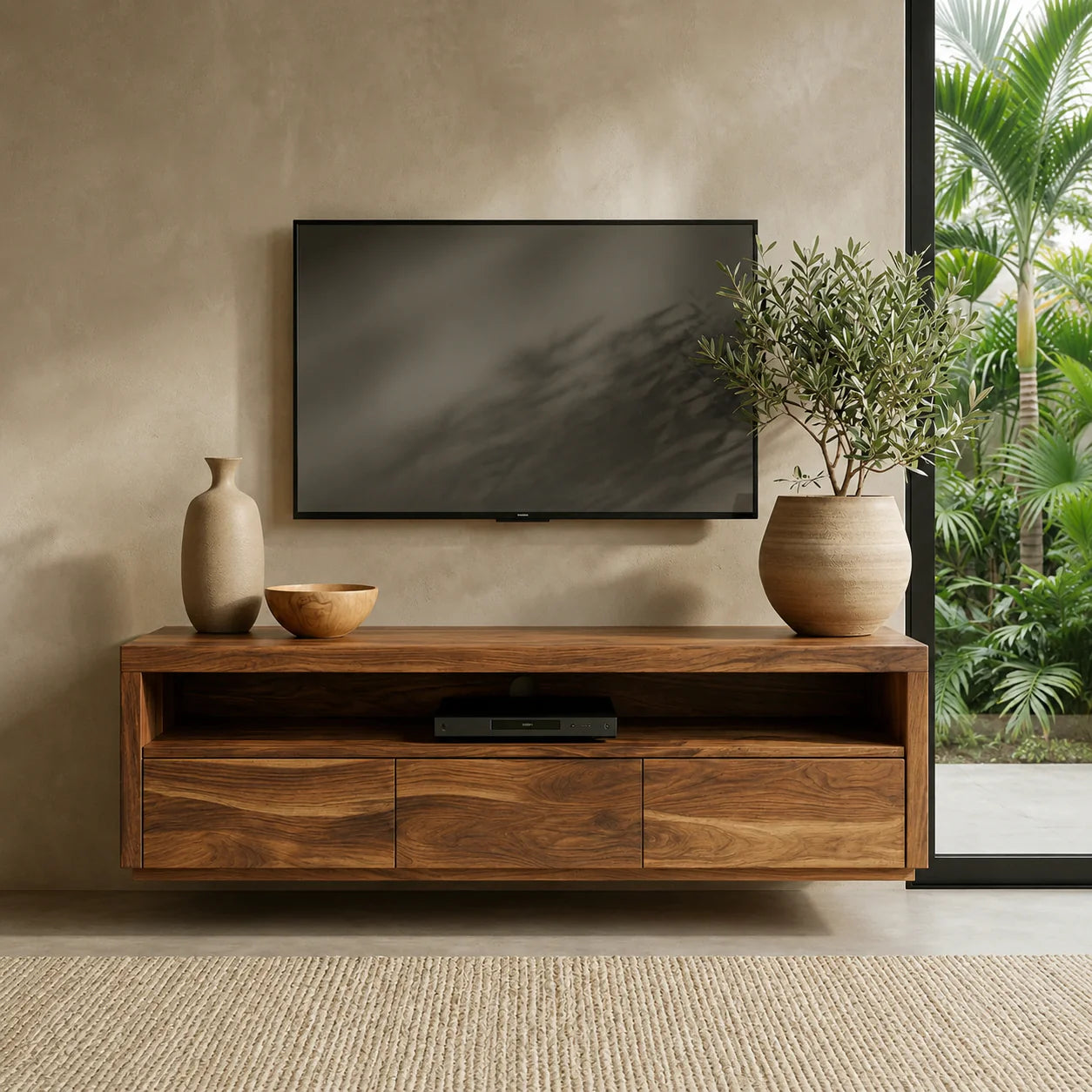 Handcrafted Floating Solid Wood TV Stand with Clean Lines and Hidden Storage Drawers