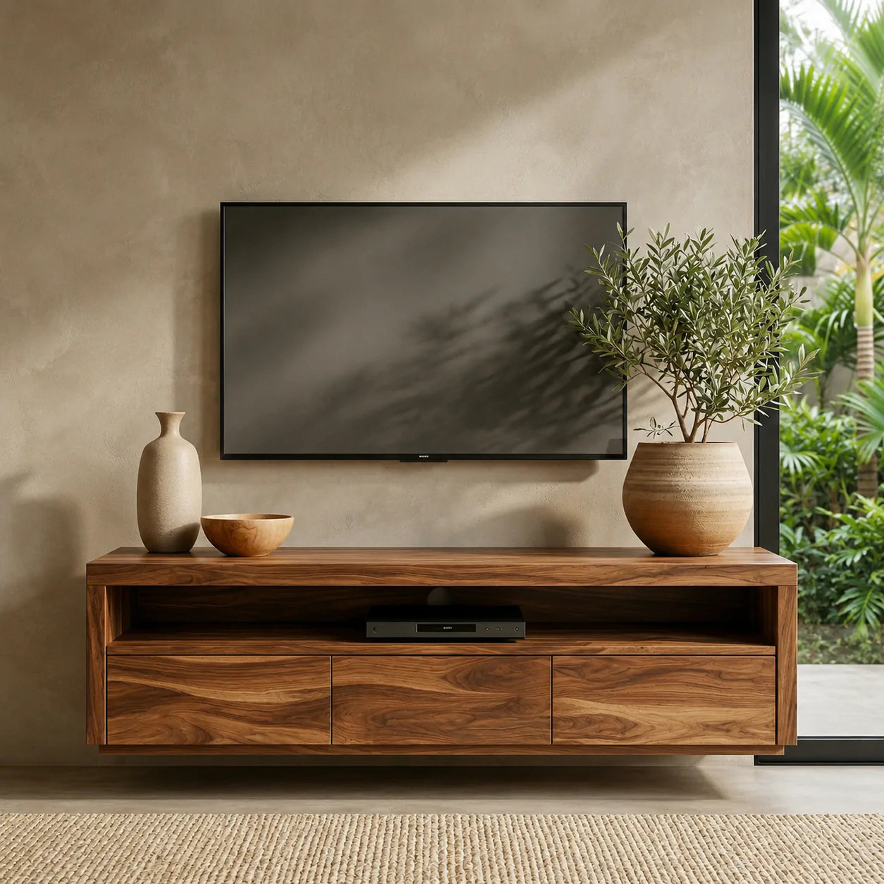 Handcrafted Floating Solid Wood TV Stand with Clean Lines and Hidden Storage Drawers