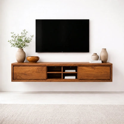 Floating Solid Wood TV Stand with Open Shelving Minimalist Media Console