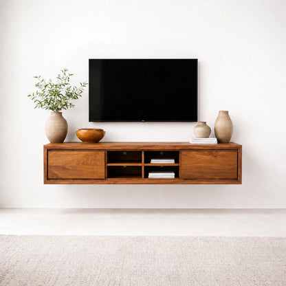 Floating Solid Wood TV Stand with Open Shelving Minimalist Media Console