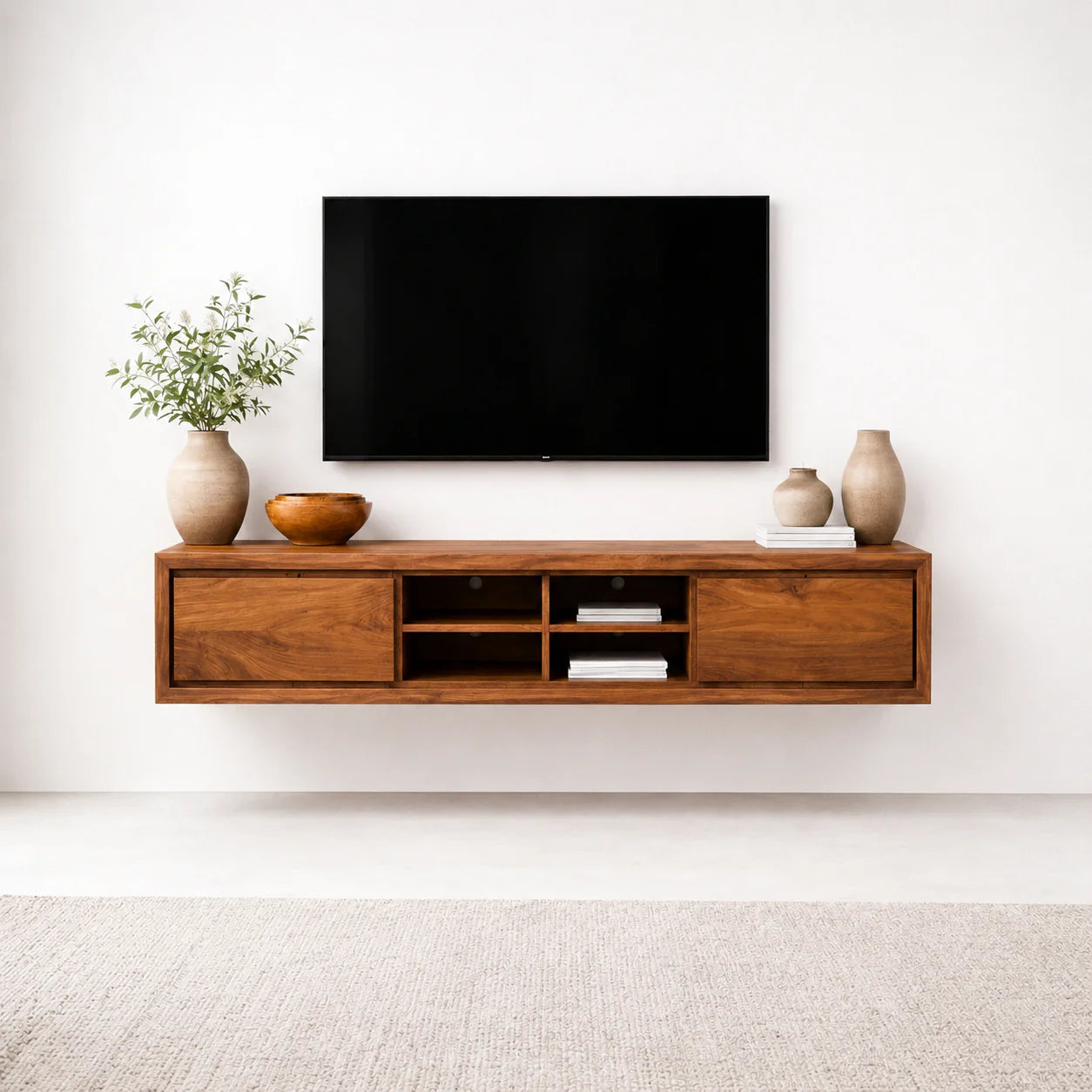 Floating Solid Wood TV Stand with Open Shelving Minimalist Media Console