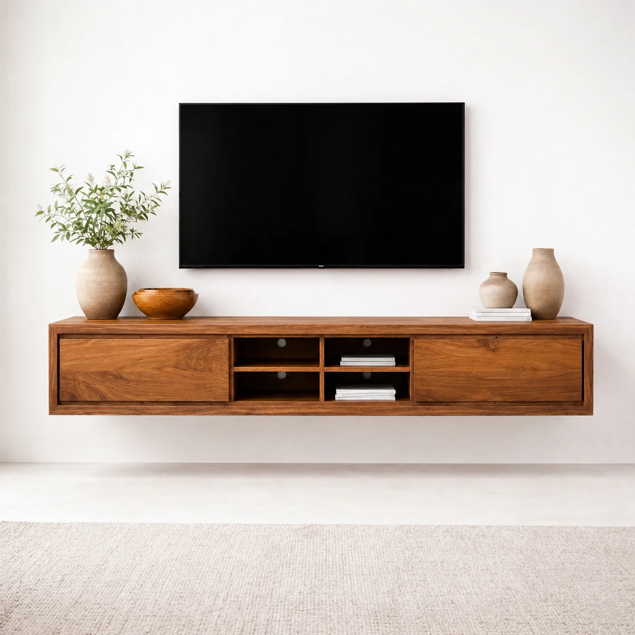 Floating Solid Wood TV Stand with Open Shelving Minimalist Media Console