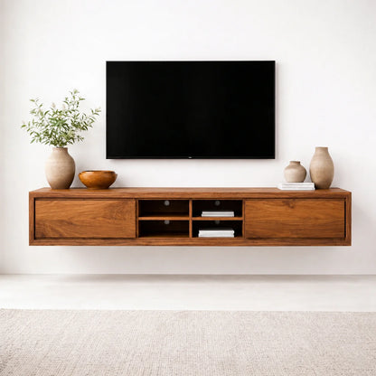 Floating Solid Wood TV Stand with Open Shelving Minimalist Media Console