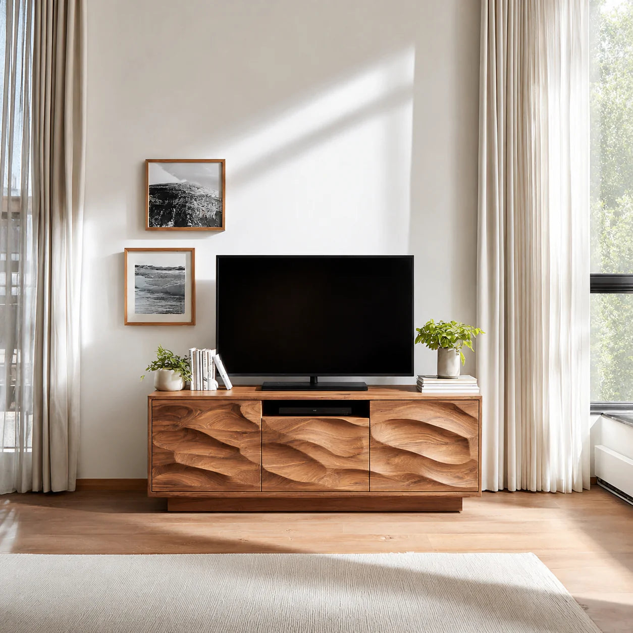 Handcrafted Solid Wood TV Stand with Sculpted Wave Cabinets and Center Media Storage
