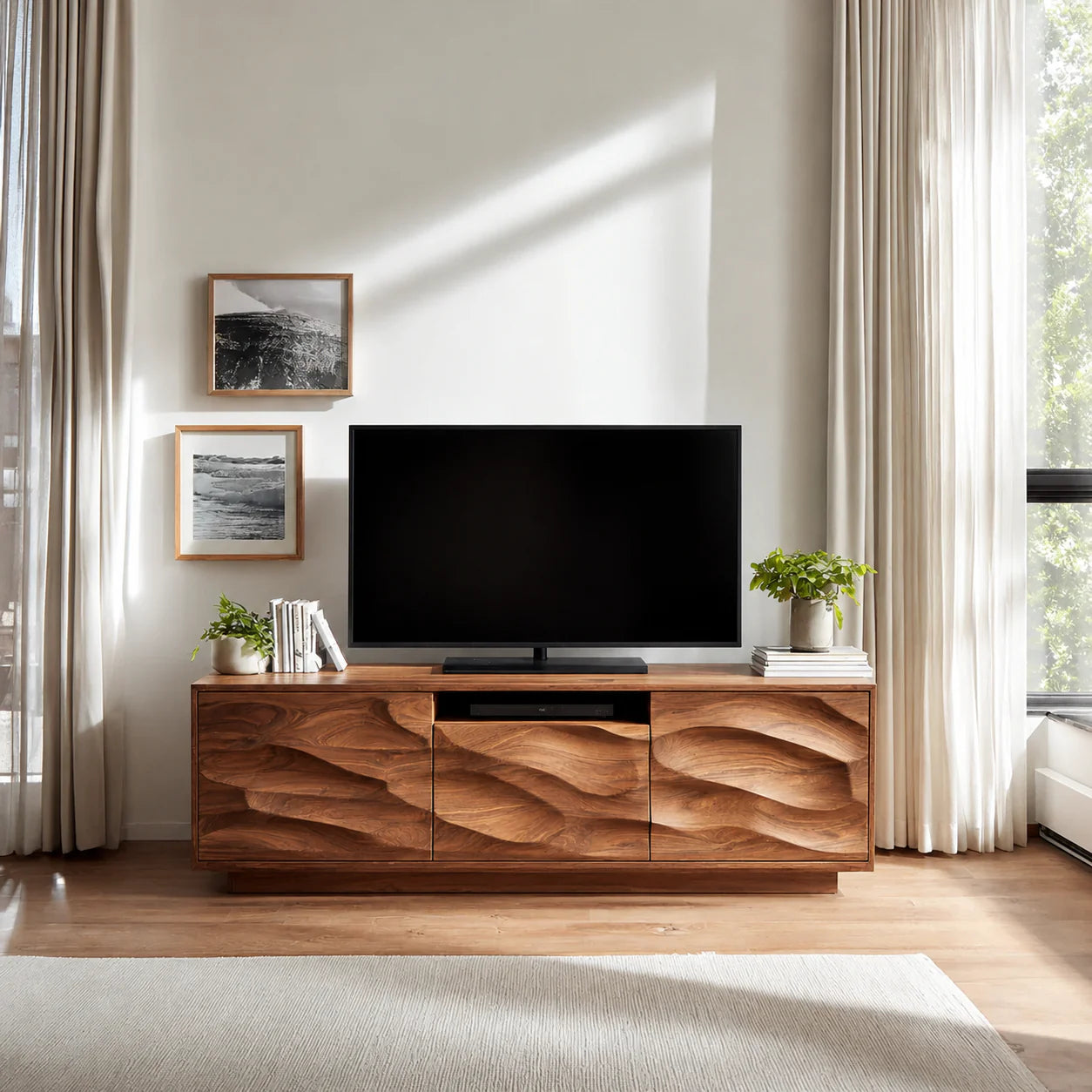 Handcrafted Solid Wood TV Stand with Sculpted Wave Cabinets and Center Media Storage