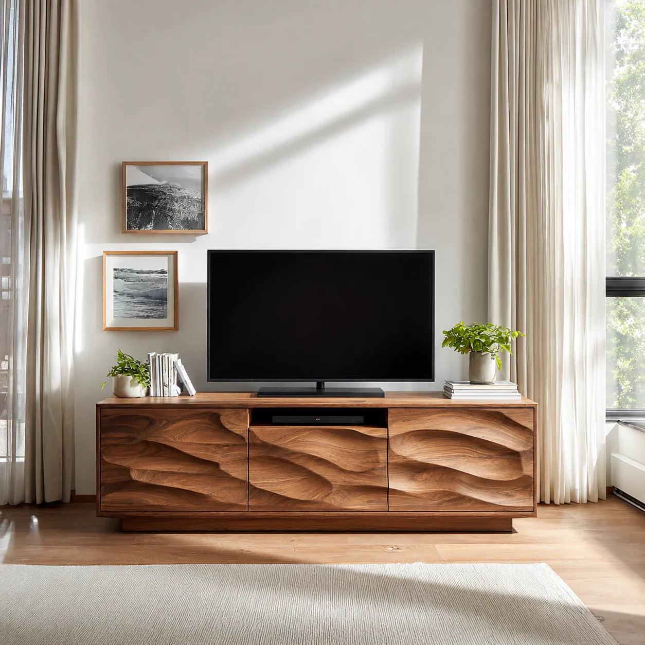 Handcrafted Solid Wood TV Stand with Sculpted Wave Cabinets and Center Media Storage