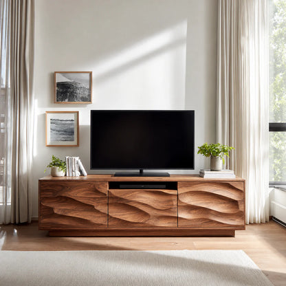 Handcrafted Solid Wood TV Stand with Sculpted Wave Cabinets and Center Media Storage