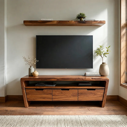 Handcrafted Solid Wood TV Stand with Rounded Frame and Hidden Drawer Storage