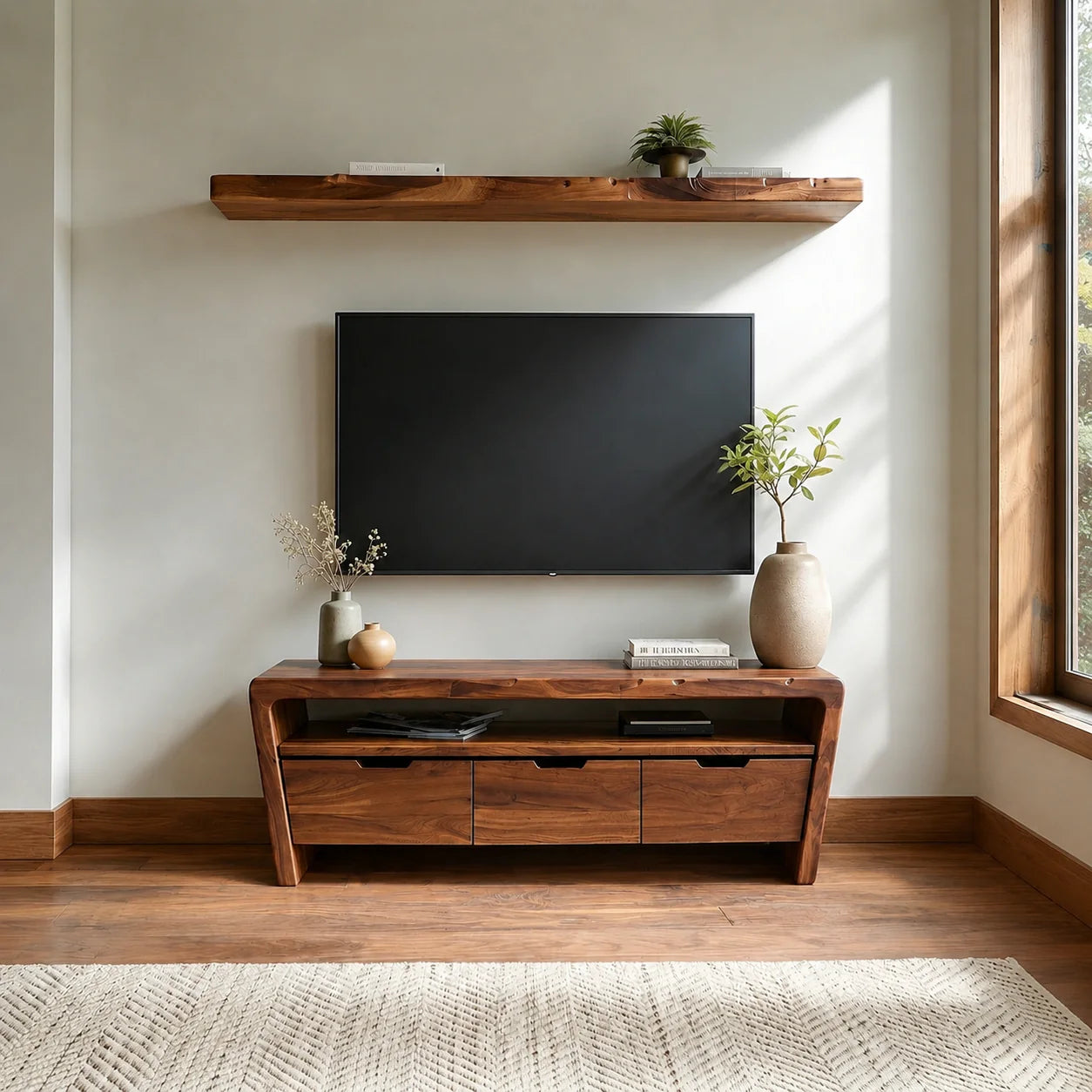 Handcrafted Solid Wood TV Stand with Rounded Frame and Hidden Drawer Storage