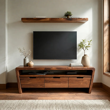 Handcrafted Solid Wood TV Stand with Rounded Frame and Hidden Drawer Storage