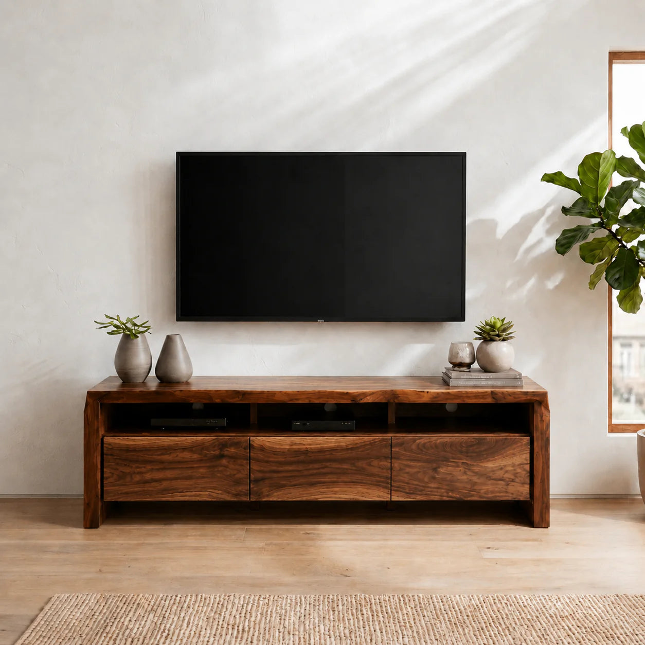 Handcrafted Solid Wood TV Stand with Thick Top and Curved Side Legs