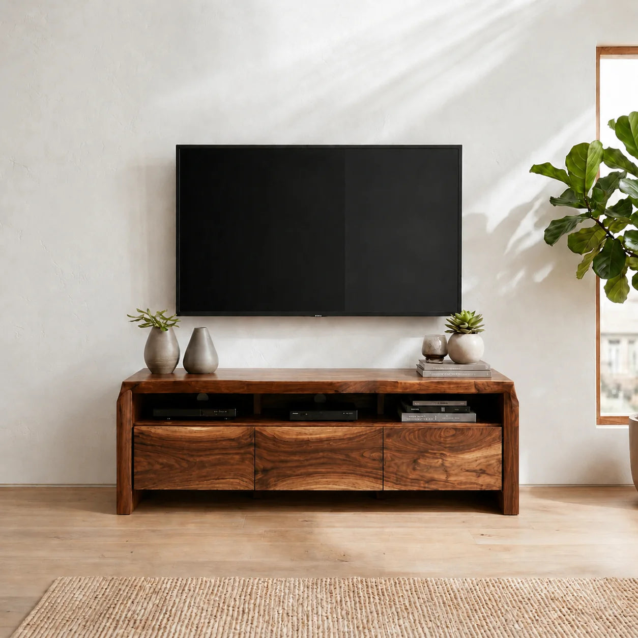 Handcrafted Solid Wood TV Stand with Thick Top and Curved Side Legs
