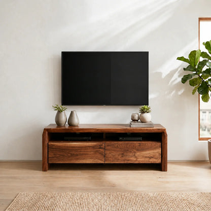 Handcrafted Solid Wood TV Stand with Thick Top and Curved Side Legs