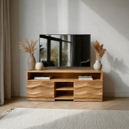 Handcrafted Solid Wood TV Stand with Sculpted Wave Cabinets and Layered Open Shelving