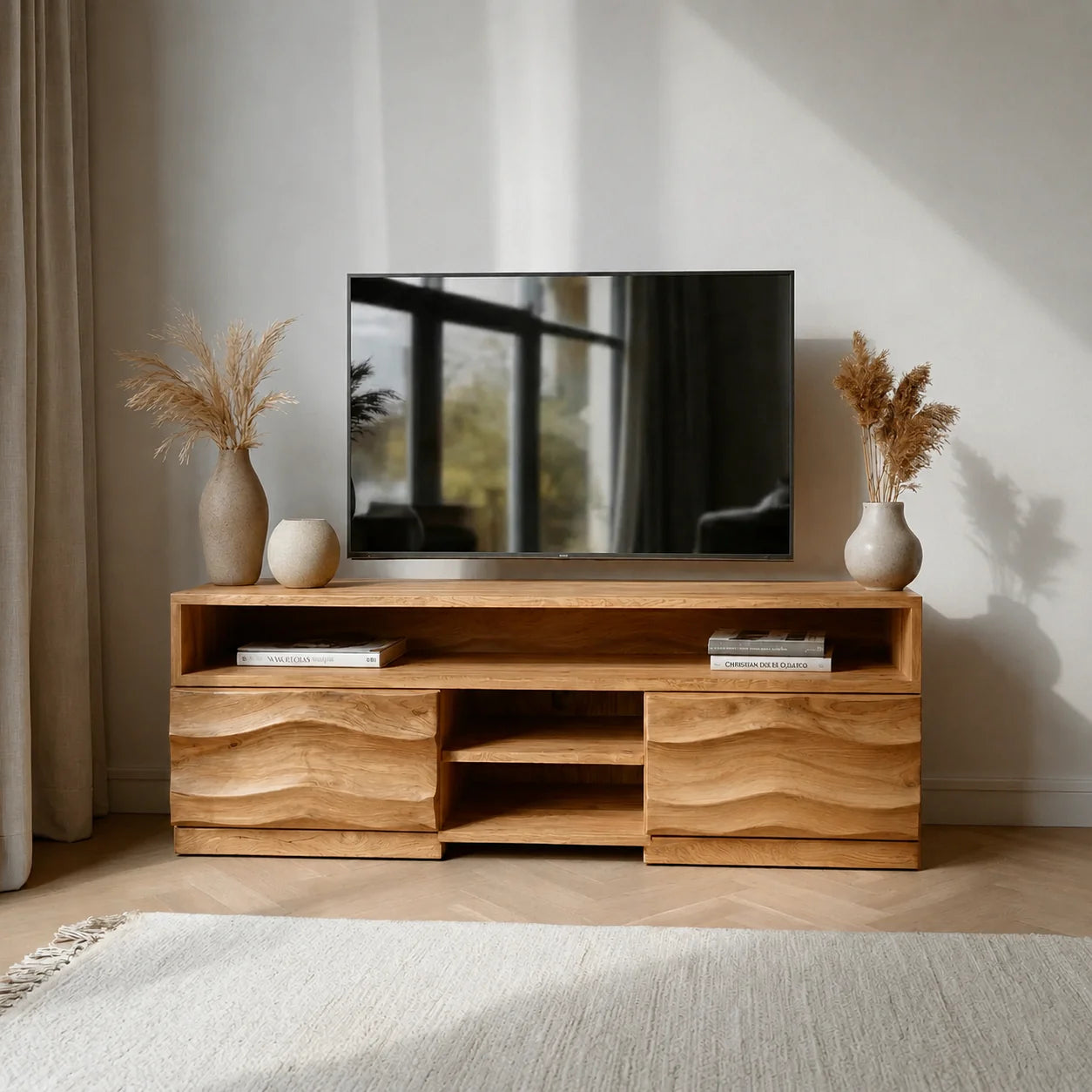 Handcrafted Solid Wood TV Stand with Sculpted Wave Cabinets and Layered Open Shelving