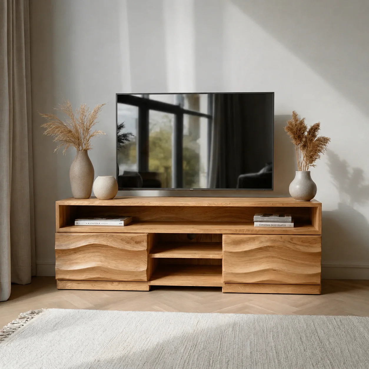 Handcrafted Solid Wood TV Stand with Sculpted Wave Cabinets and Layered Open Shelving