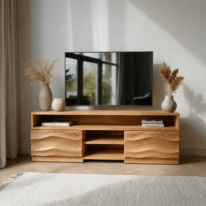 Handcrafted Solid Wood TV Stand with Sculpted Wave Cabinets and Layered Open Shelving