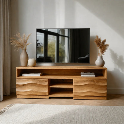 Handcrafted Solid Wood TV Stand with Sculpted Wave Cabinets and Layered Open Shelving