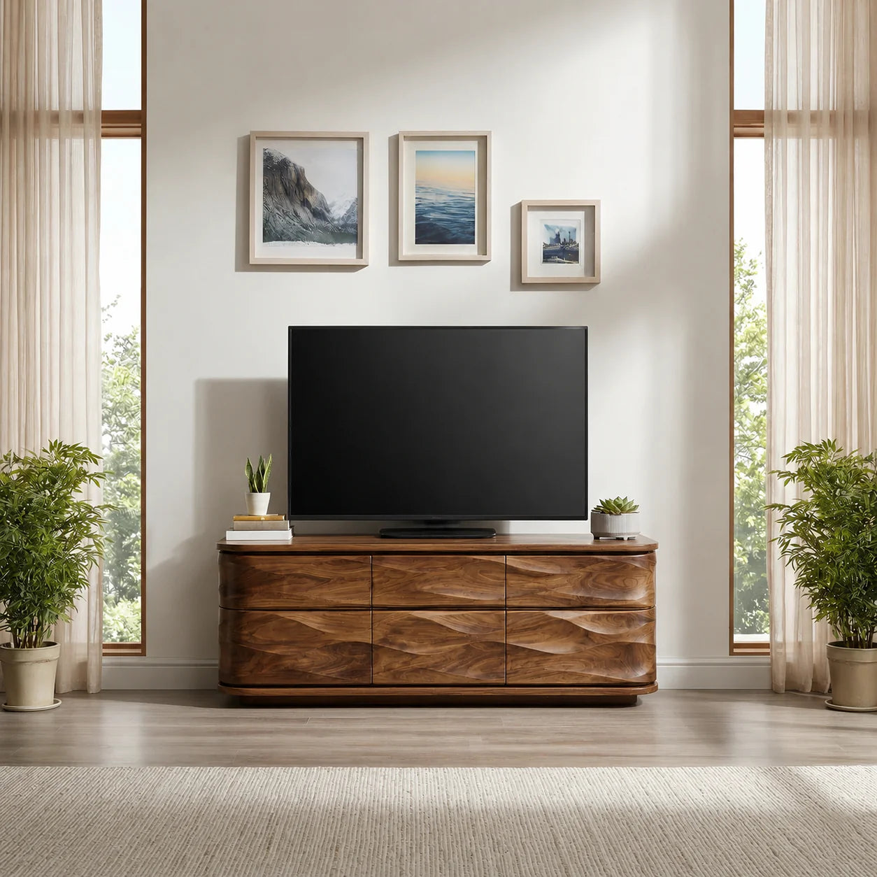 Handcrafted Solid Wood TV Stand with Sculpted Wave Drawers and Full Storage Cabinet