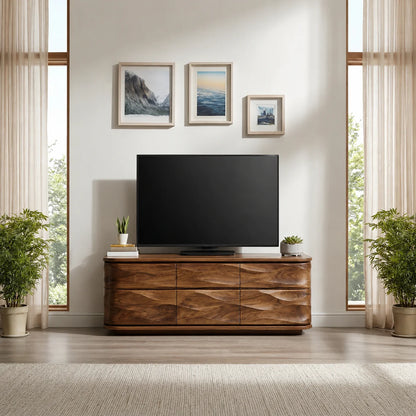 Handcrafted Solid Wood TV Stand with Sculpted Wave Drawers and Full Storage Cabinet