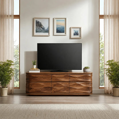 Handcrafted Solid Wood TV Stand with Sculpted Wave Drawers and Full Storage Cabinet