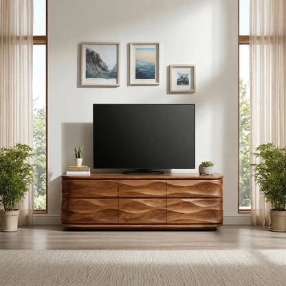 Handcrafted Solid Wood TV Stand with Sculpted Wave Drawers and Full Storage Cabinet