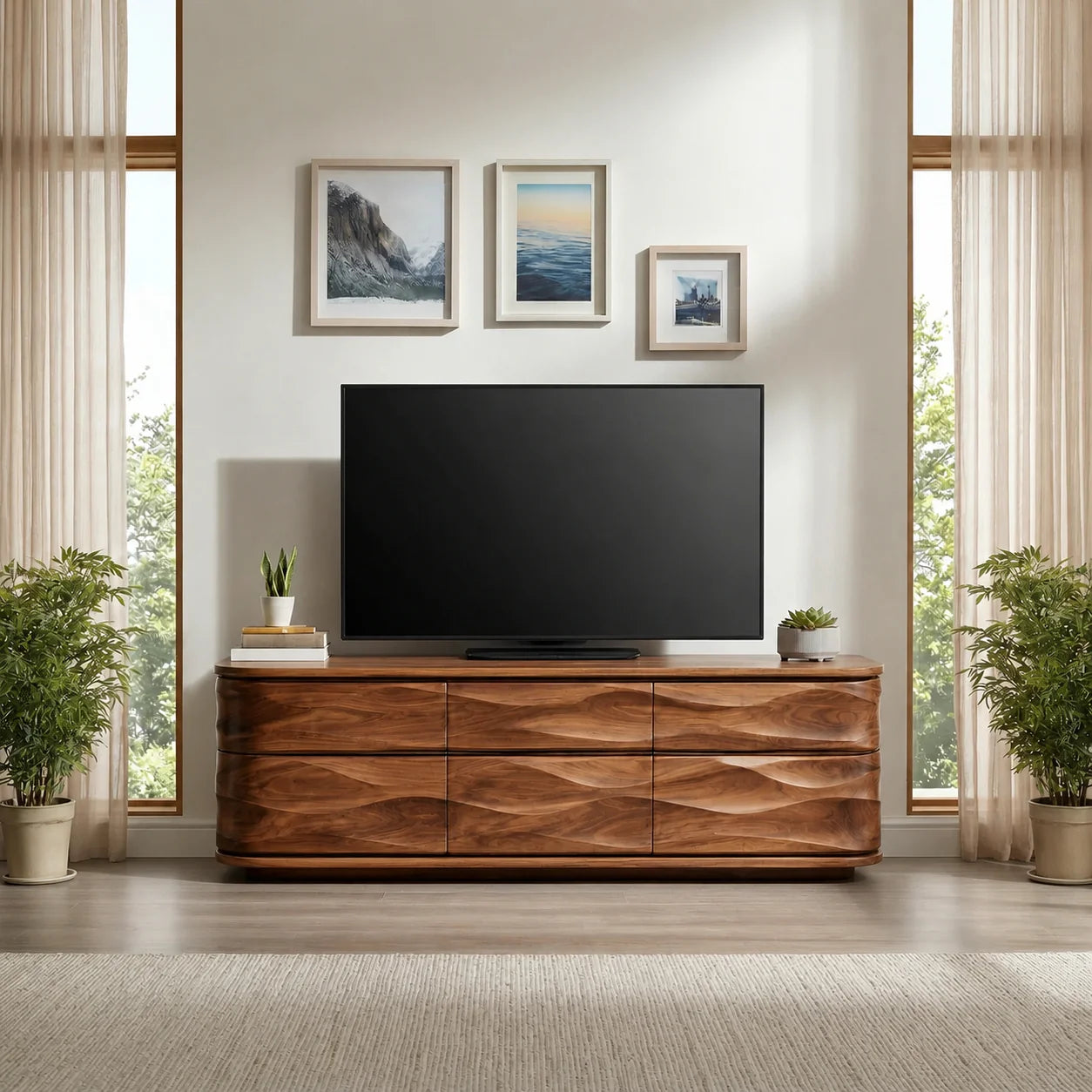 Handcrafted Solid Wood TV Stand with Sculpted Wave Drawers and Full Storage Cabinet