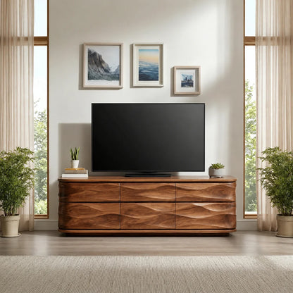 Handcrafted Solid Wood TV Stand with Sculpted Wave Drawers and Full Storage Cabinet