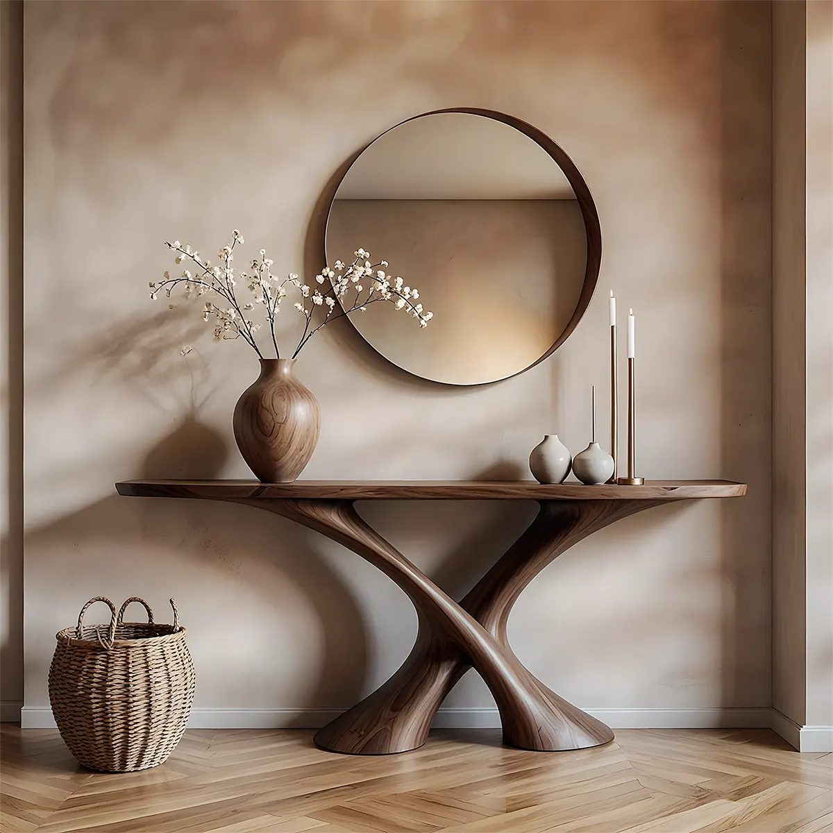 Cross Wave Walnut Console Table – Sculptural Wood Art - Elitegemse