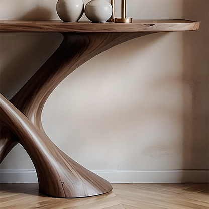 Cross Wave Walnut Console Table – Sculptural Wood Art - Elitegemse