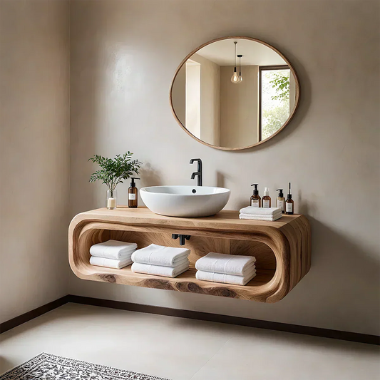 Curved Solid Wood Floating Vanity – Japandi Rustic Design Bathroom Console - Elitegemse
