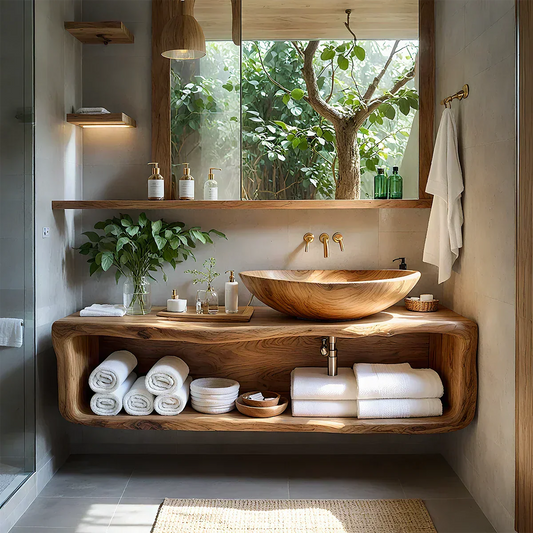 Curved Solid Wood Floating Vanity – Organic Spa Bathroom Console - Elitegemse