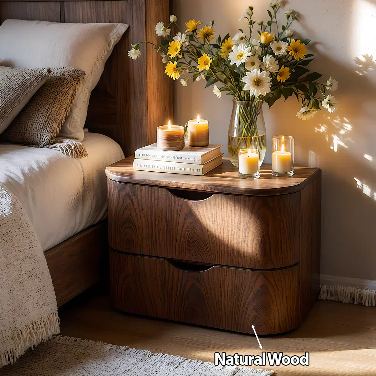 Curved Solid Wood Nightstand – Two-Drawer Minimalist Design - Rustirawood