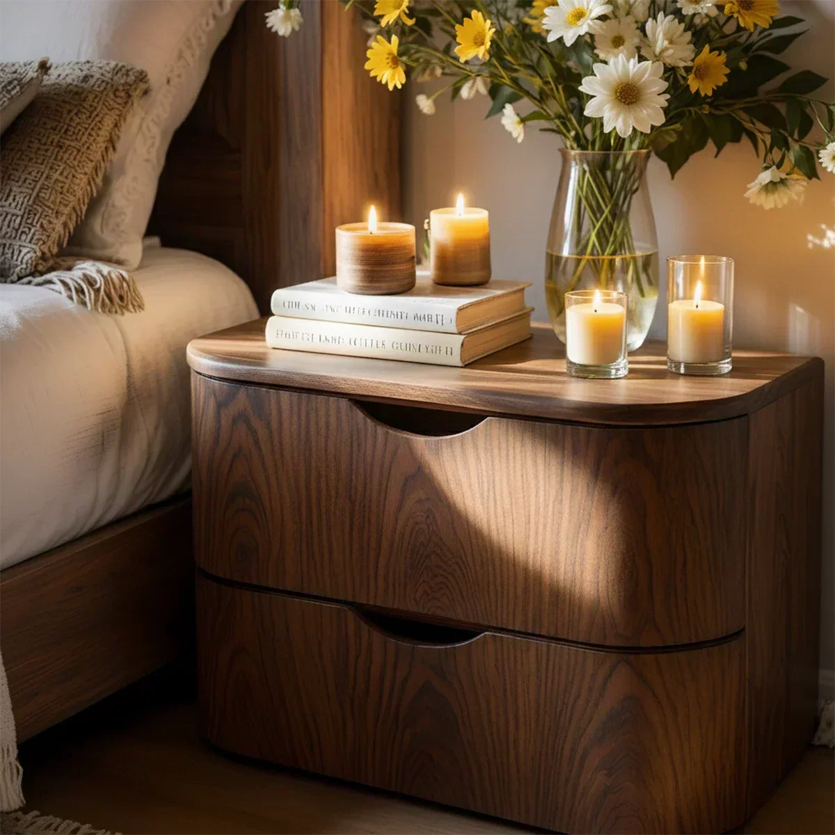 Curved Solid Wood Nightstand – Two-Drawer Minimalist Design - Rustirawood