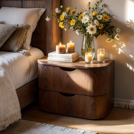 Curved Solid Wood Nightstand – Two-Drawer Minimalist Design - Woodenecho