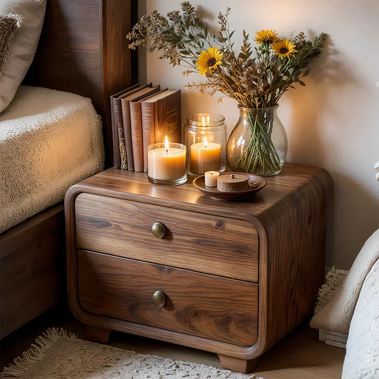 Curved Solid Wood Nightstand with Two Drawers - Woodenecho