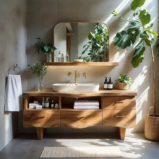Curved Solid Wood Vanity with Legs – Japandi Spa Bathroom Console - Elitegemse