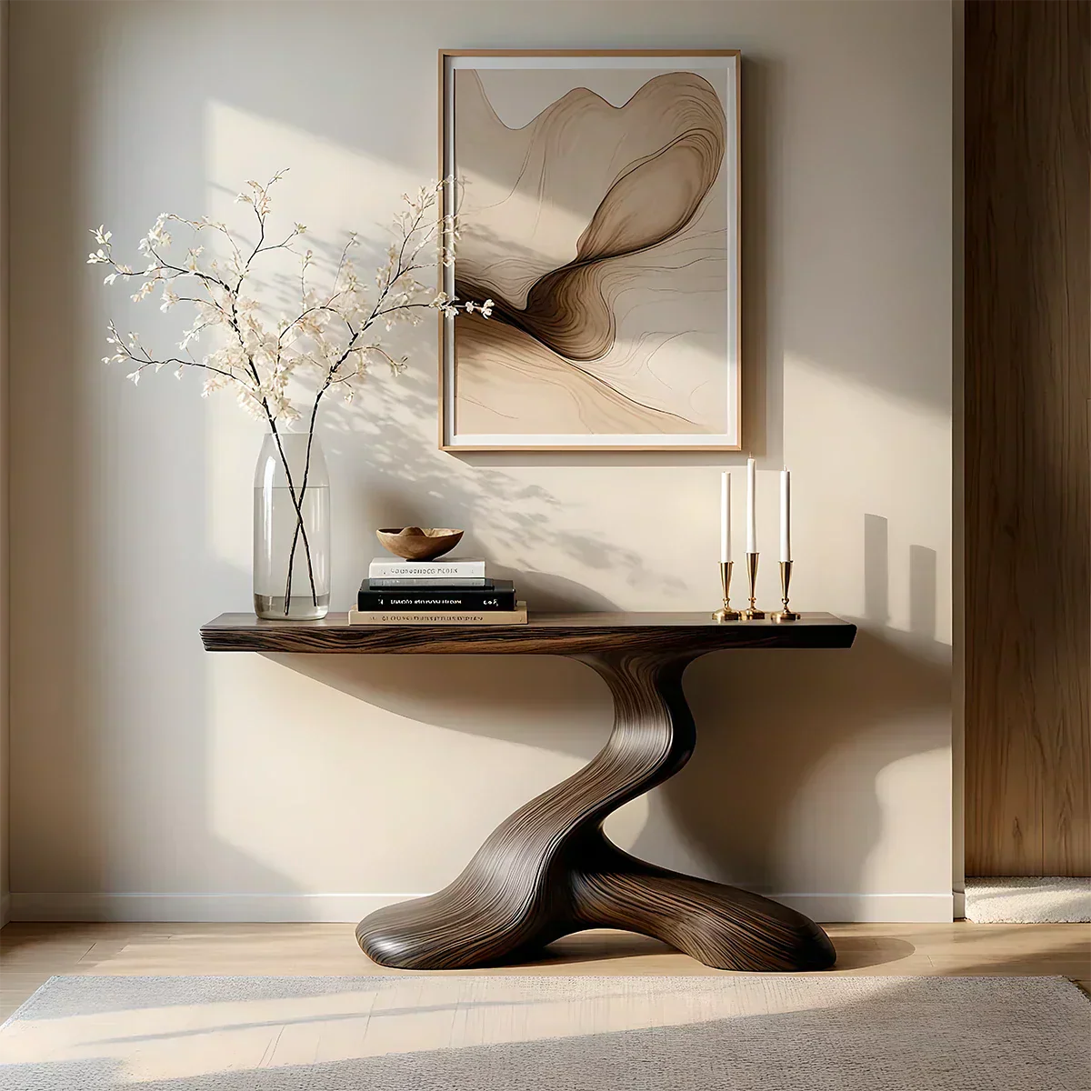 Dark Sculptural Solid Wood Console — Organic Japandi Entry Table - Elitegemse