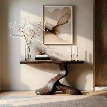 Dark Sculptural Solid Wood Console — Organic Japandi Entry Table - Elitegemse